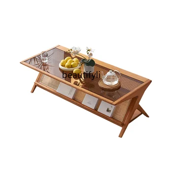  Северный стиль Массив дерева Бытовой прямоугольный чайный столик из ротанга Стеклянный стол в японском стиле в стиле ретро для небольшой квартиры в гостиной - Изображение 1  