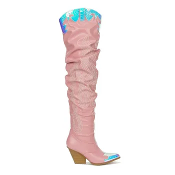 Женщины Розовые высокие сапоги Сексуальный острый носок Наклон Каблук Выше колена Высокие сапоги Мода Стразы Колено Высокие сапоги Подиум Стиль Обувь - Изображение 1  