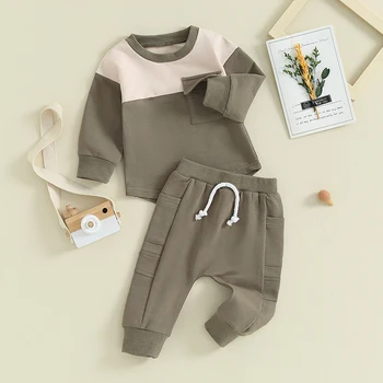 Одежда для малышей и мальчиков Толстовка с длинным рукавом контрастного цвета и брюки-джоггеры 6 12 18 24M Осенне-зимний наряд - Изображение 1  