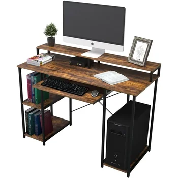 компьютерный стол с полками для хранения / 23,2-дюймовый лоток для клавиатуры / подставка для монитора Рабочий стол для домашнего офиса (46,5x19 дюймов Rustic Brown) Комната - Изображение 1  