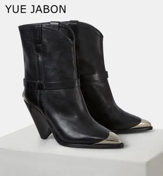 2021 модная обувь для подиума, женские ботильоны с заостренным носком из черного металла, замшевые мотоциклетные туфли, сексуальные каблуки с шипами, женские сапоги - Изображение 1  