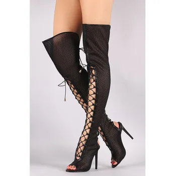 сексуальная женщина Черная сетка выше колена сапоги гладиатор ажурная сандалия сапоги высокий каблук summe бедра сапоги Mujer Slingbacks обувь женщина - Изображение 1  
