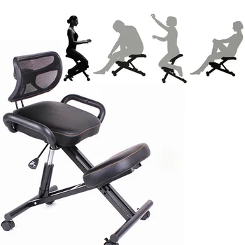 A, Эргономичный коленный стул со спинкой и ручкой Офисный стул на коленях Эргономичная осанка Кожаный черный стул с колесиком - Изображение 1  