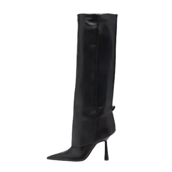 2023 осень зима новая мода минималистичный стиль коленные сапоги для женщин остроконечные слипоны на шпильке каблуки высокие каблуки большой размер 43 - Изображение 1  
