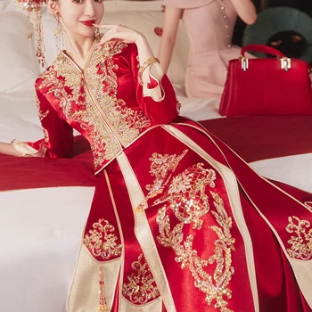 Китайский стиль Невеста Свадебное платье Qipao Классическая традиция Cheongsam Свадебное платье Костюм Изысканная вышивка Тан Костюм Одежда - Изображение 1  