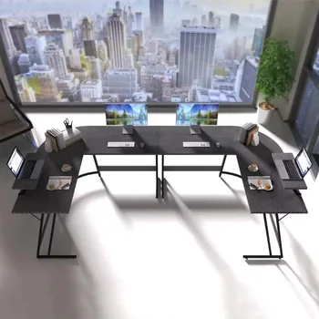L-образный компьютерный стол Современный угловой стол Домашний офис Письменная прочная рабочая станция с подвижным столом, черный - Изображение 1  