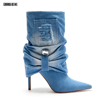 2023 Осенняя мода Женщины Синие ковбойские сапоги Леди Ретро Обувь до середины икры Твердые нескользящие тонкие короткие сапоги на высоком каблуке 44 - Изображение 1  