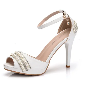 женские сандалии свадебный банкет PU стразы пряжка ремешок 10 см тонкие высокие каблуки с открытым носком сандалии женская обувь 2020 размер 35-42 белый - Изображение 1  