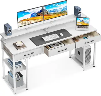 Компьютерный стол ODK с выдвижными ящиками и полками для хранения, 63-дюймовый стол для домашнего офиса с подставкой для монитора, современный письменный стол для работы и учебы - Изображение 1  