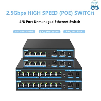 TEROW Гигабитный коммутатор POE Неуправляемый сетевой коммутатор Ethernet 2,5G/10G 4/8 порт POE 2,5 Гбит/с +1/2 порт 10 Гбит/с SFP с поддержкой VLAN - Изображение 1  