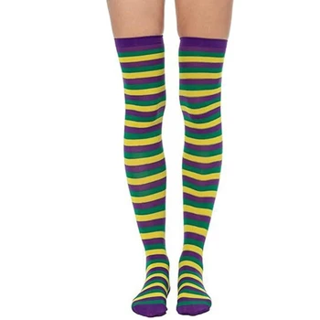 Высокие носки до бедра Марди Гра Карнавальная вечеринка Косплей Разноцветные полосатые чулки - Изображение 1  
