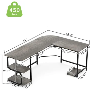Teraves Двусторонний L-образный стол с большой поверхностью, 61-дюймовый прочный угловой стол с полками для хранения, офис премиум-класса - Изображение 2  
