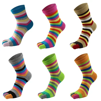 Красочные носки с пятью пальцами Забавные носки Mid Tube Корзина для ног Мягкие дышащие полосатые контрастные хлопчатобумажные носки - Изображение 2  