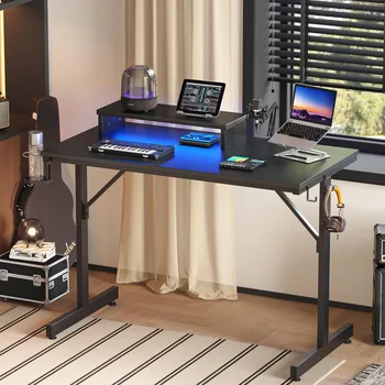 Игровой стол с подставкой для монитора, 42-дюймовые компьютерные столы со светодиодной подсветкой, крючки для гарнитуры геймера, домашний офис, черный углерод - Изображение 2  
