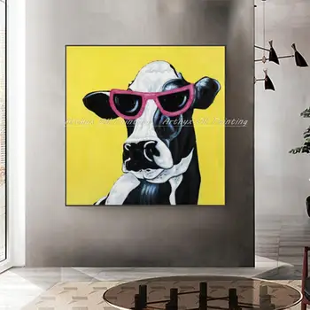 Arthyx,Безрамные картины Ручная роспись коровы Животное Картина маслом на холсте,Современное абстрактное настенное искусство,Картина для живого домашнего декора - Изображение 2  