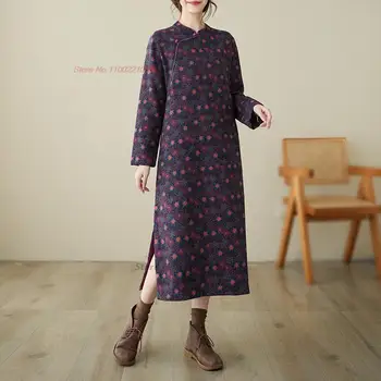 2024 традиционное женское винтажное платье qipao элегантное платье с цветочным принтом флисовое платье cheongsam на подкладке восточное ретро народное длинное платье - Изображение 2  