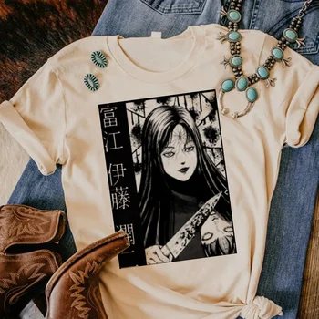 Женщины Дзюндзи Ито топ дизайнерские футболки девушка 2000-х смешная одежда harajuku Женская футболка с принтом Harajuku с коротким рукавом Черный - Изображение 2  