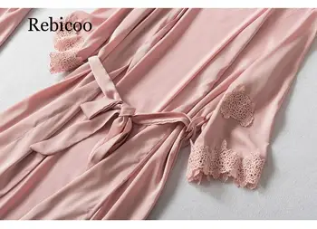 Комплект халатов и платьев вышивка сексуальные пижамные комплекты атласные ночные рубашки женские ночные рубашки пижамы женские комплекты пижамы femme пижамы шелковое платье розовое кружево - Изображение 2  