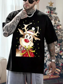 Повседневная футболка с коротким рукавом с о-образным вырезом и коротким рукавом Рождественская футболка с принтом лося для мужчин Модный тренд Уличная одежда 3D Санта-Клаус Шаблон Футболка оверсайз - Изображение 2  