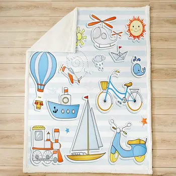 Мультяшное транспортное средство бросает одеяло,Мальчики Дети Синие белые полосы Флисовое одеяло Самолет Велосипед и лодка Кровать - Изображение 2  