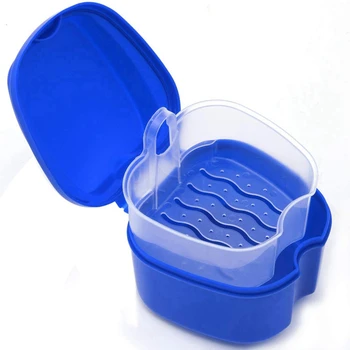 2X темно-синий футляр для зубных протезов, с сетчатым фильтром, коробка для ванны для зубных протезов, ящик для хранения вставных зубов с корзиной, сетчатый контейнер-держатель - Изображение 2  