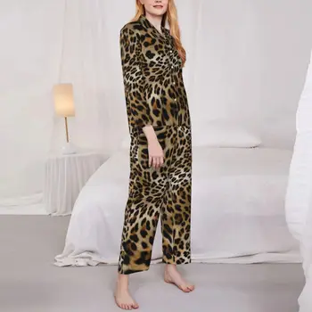  Пижамный комплект с принтом из кожи животных Леопардовый узор Kawaii Пижамы Женщины с длинным рукавом Повседневная комната 2 шт. Домашний костюм Большой размер 2XL - Изображение 2  
