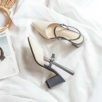 Модная обувь для туфель-лодочек Лето Элегантные коренастые высокие каблуки с острым носком Baotou Однотонная женская обувь Женские сандалии Zapatillas Mujer - Изображение 2  