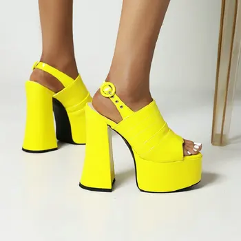 QPLYXCO Peep Toe Желтый Сексуальный Super Block Высокие каблуки Женщина Платформа Современные сандалии Панк Гота Летняя обувь Большой размер 46 Slingbacks - Изображение 2  