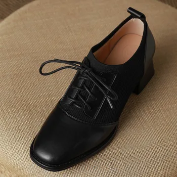 Женские натуральные кожаные трикотажные лоскутные туфли на шнуровке в стиле OL осенние туфли толщиной 5 см на среднем каблуке элегантные женские туфли на каблуке женские - Изображение 2  