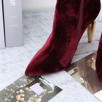 Сапоги для женщин 2023 высокие каблуки Красный низ Обувь Дамы Острый носок Черные Красные Ботильоны Сексуальные - Изображение 2  