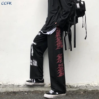 панк широкие штанины брюки женские готические харадзюку уличная одежда аниме спортивные штаны торговый центр готические брюки с черным принтом женская одежда эмо брюки - Изображение 2  