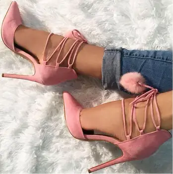 Pom Pom Decor Туфли на высоком каблуке Розовый острый носок Лодыжки на шнуровке Сандалии с ремешками для женщин 2018 Весна Свадебное платье Обувь - Изображение 2  