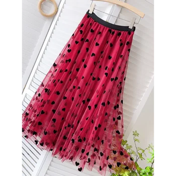 Тонкая марлевая длинная юбка, женская весна/лето корейская милая выкройка в форме сердца, большой подол из флокированной сетки - Изображение 2  