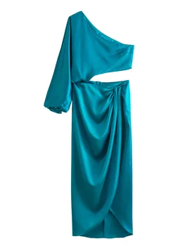 Длинные платья для женщин 2023 Асимметричный вырез с длинным рукавом Атласное платье на одно плечо Сексуальное платье с вырезом спереди Разрез Подол Макси Вечеринка Платье - Изображение 2  