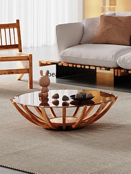 Журнальный столик из массива дерева в стиле ретро круглый журнальный столик из закаленного стекла для гостиной в небольшой квартире - Изображение 2  