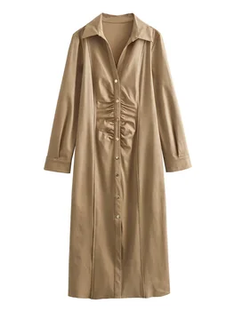 Платья миди для женщин 2023 Золотое платье из искусственной замши на пуговицах Элегантное платье-рубашка с длинным рукавом и V-образным вырезом - Изображение 2  