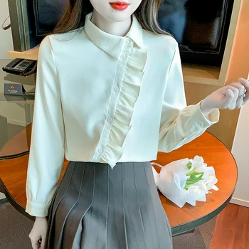 темперамент оборки пэчворк рубашка модные офисные рабочие блузки с длинным рукавом для женщин корейские элегантные свободные блузки женские топы - Изображение 2  