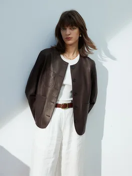 2023Новая европейская мода высокого класса новая повседневная кожаная куртка женская короткая куртка, овчина с круглым вырезом, кожа личи - Изображение 2  