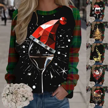 2023 Осень Новая Рождественская толстовка Женщины Девушка Винная Чашка 3D Печать Рождественская Снежинка Лось Снеговик Пуловер Топы Фестивальная одежда - Изображение 2  