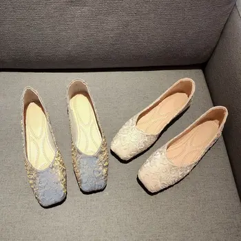 Женская летняя обувь плоская шикарная и элегантная обувь для женщин 2023 квадратный носок синие балетки с бесплатной доставкой низкая цена мода 39 - Изображение 2  