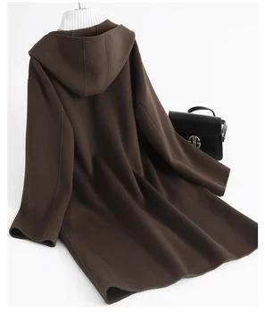 2023 Двустороннее кашемировое пальто Женское женское пальто средней длины осень/зима Хепберн Стиль Хепберн с капюшоном 100 Пальто из чистой шерсти - Изображение 2  