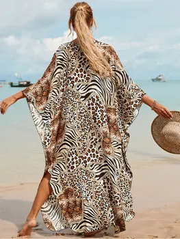 2023 Свободное пляжное платье с принтом в стиле бохо Повседневное макси-платье с V-образным вырезом и рукавом летучей мыши с боковым разрезом Женская летняя одежда Длинный кафтан Q1297 - Изображение 2  