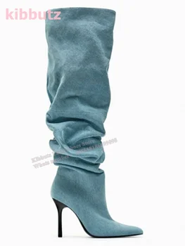 плиссированные сложенные сапоги до колена джинсовая ткань сплошной синий острый носок тонкий каблук боковая молния Модная сексуальная женская обувь 2023 Новейшая - Изображение 2  