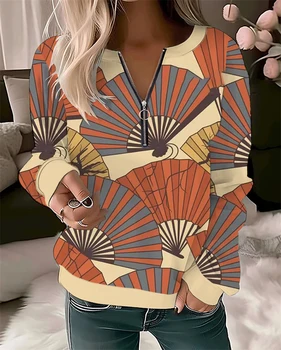 Веер шаблон 3D-печатный женский тонкий молния с круглым вырезом женская толстовка с капюшоном оригинального дизайна одежда удобный повседневный пуловер - Изображение 2  