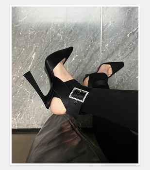 Платье Сексуальный клуб с квадратным носком Сандалии с пряжкой для лодыжки Женские сандалии на шпильке на высоком каблуке Slingback 2023 Роскошные туфли со стразами для вечеринок - Изображение 2  