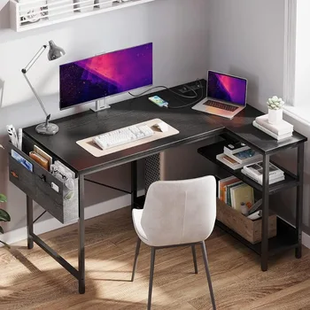 40-дюймовый небольшой L-образный игровой компьютерный стол с розетками, двусторонними полками для хранения и подставкой для ПК для домашнего офиса - Изображение 2  