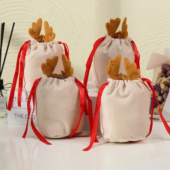20Pcs Рождественские Конфеты Сумки Рога Сумки Бархат Рисование String Bunny Подарочные упаковочные сумки Украшение для вечеринок Navidad Gift B - Изображение 2  