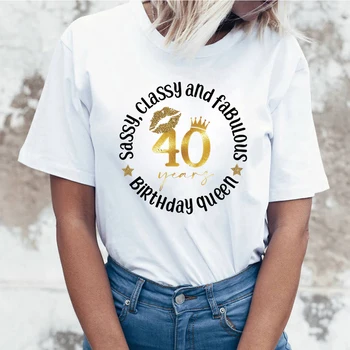  (футболка премиум-класса)Мода Смешная 40 День Рождения Королевы Сказочные Стильные Дерзкие Футболки С Принтом Женщины Лето Повседневная Футболка с коротким рукавом - Изображение 2  
