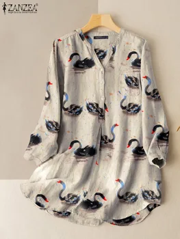 ZANZEA Holiday 2023 Модная блузка Повседневная Поездка на работу Свободные женские рубашки V-образным вырезом Оверсайз Винтаж Топы с длинным рукавом Печать Tuncis - Изображение 2  