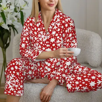 Рождественские пижамные комплекты со снежинками, осенние красные, белые, ретро, повседневные пижамы для женщин, 2 шт., свободные негабаритные ночные белья, подарок на день рождения - Изображение 2  